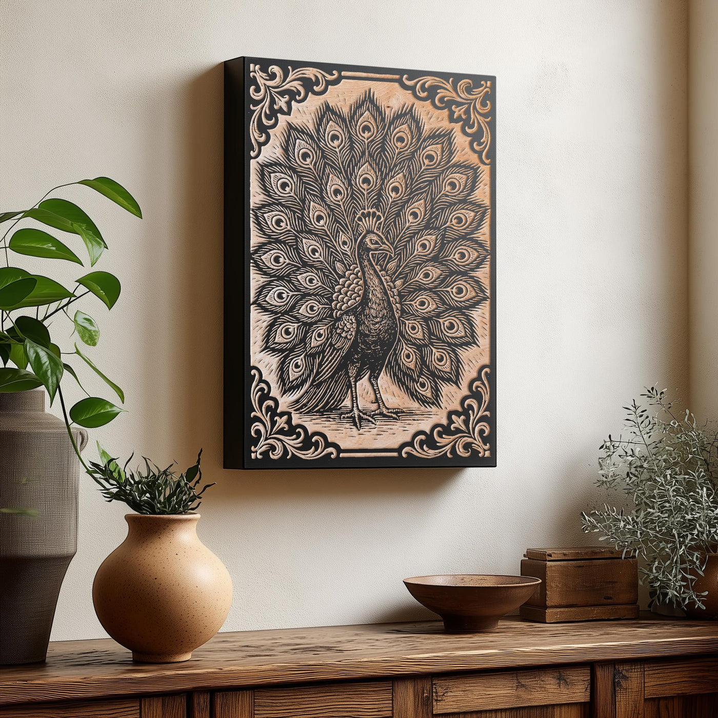 Peacock Engraved Birch Illustration