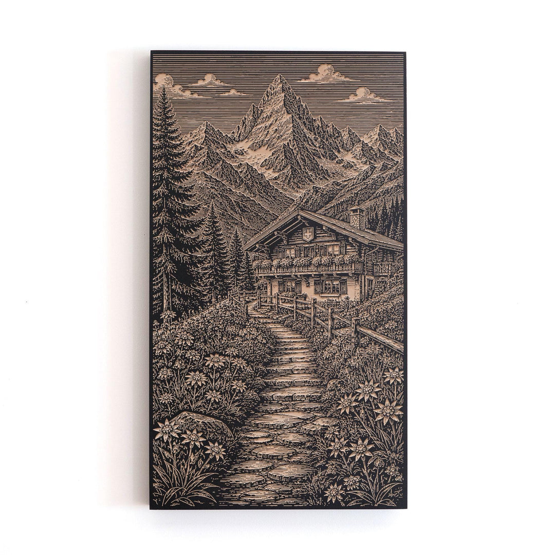 Swiss Alpine Chalet Engraved Birch Art Panel