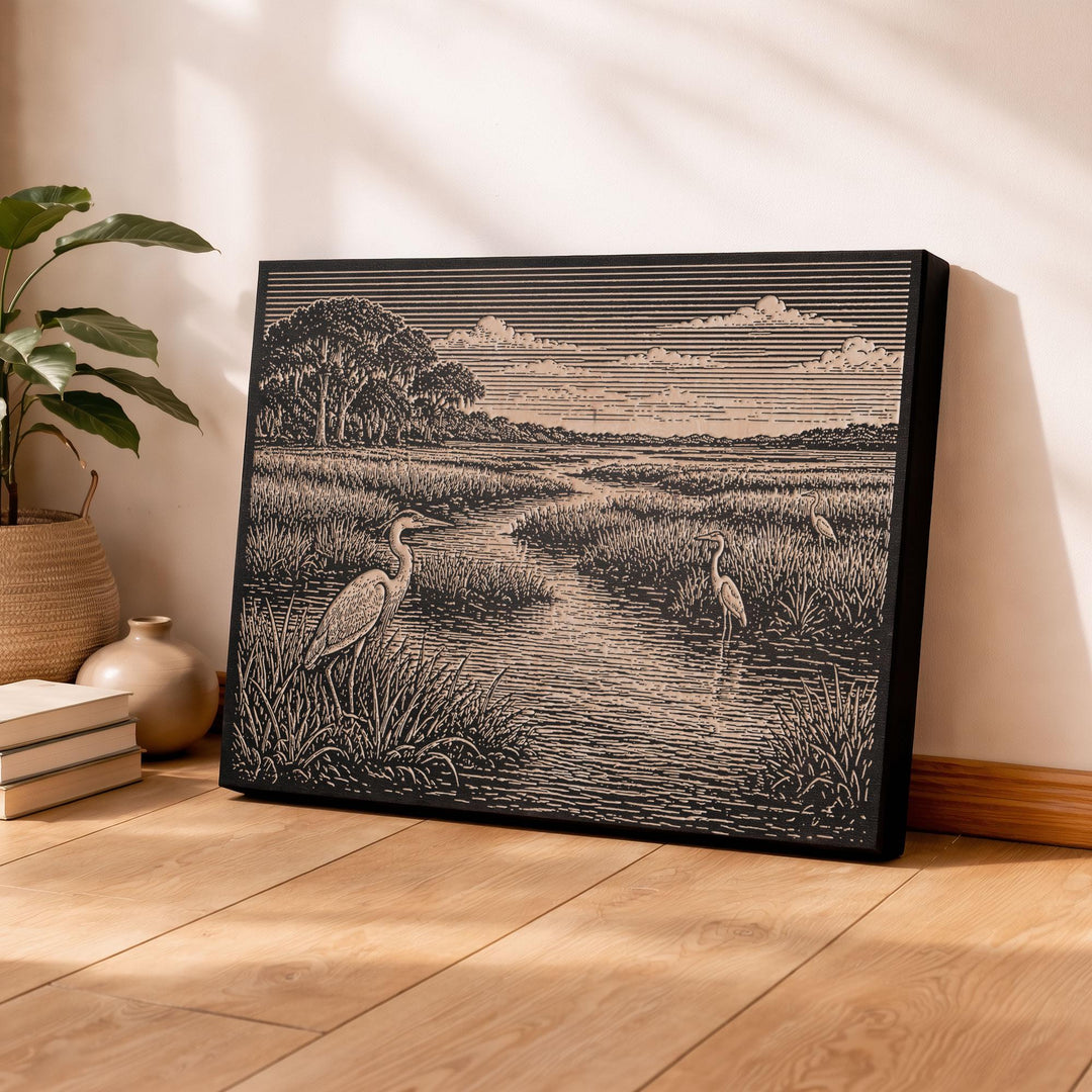 Lowcountry Marsh with Egrets Engraved Birch Art Panel