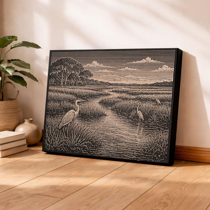 Lowcountry Marsh with Egrets Engraved Birch Art Panel