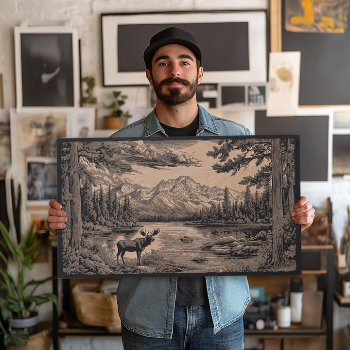 Moose in Denali National Park Engraved Illustration