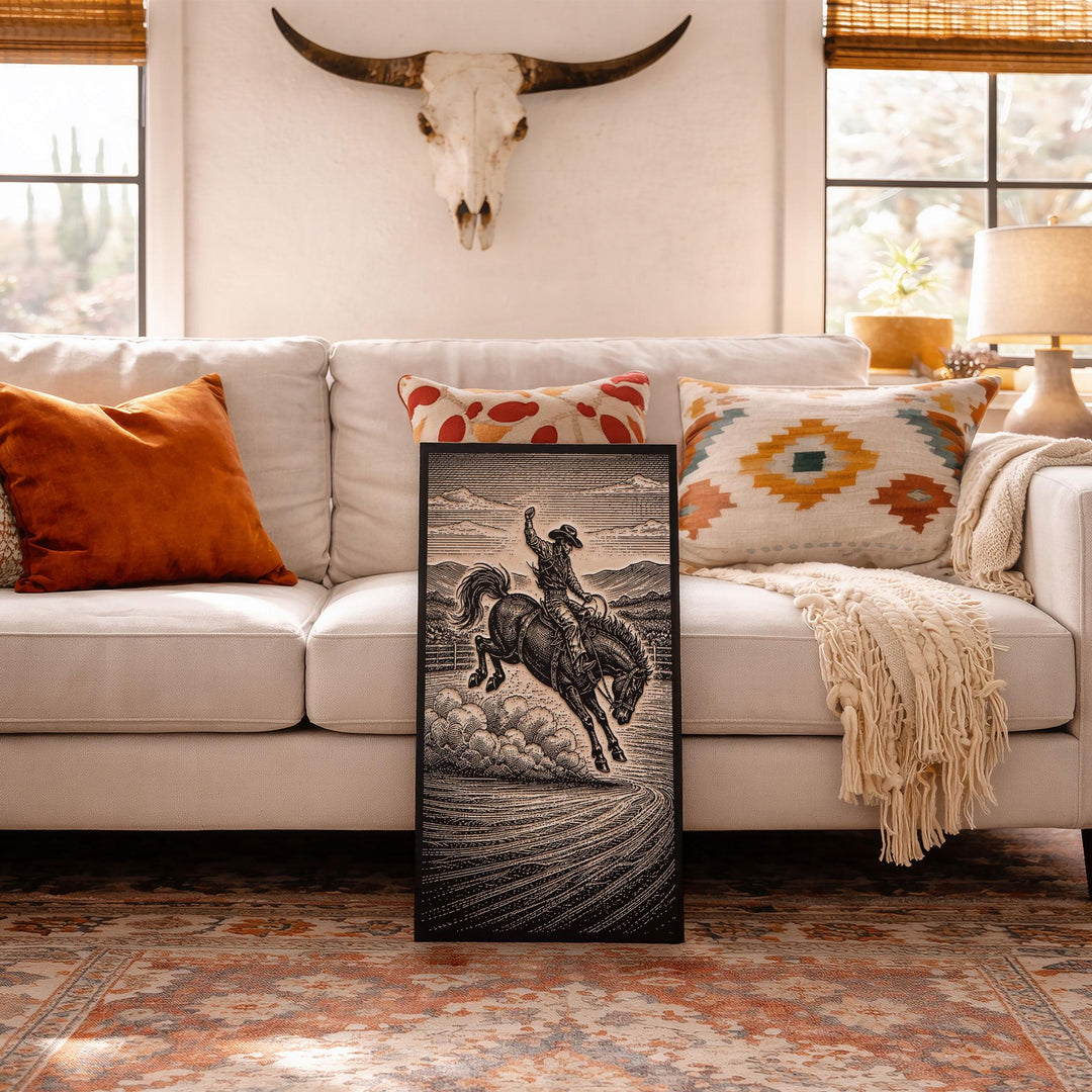 Bucking Bronco with Cowboy Engraved Illustration