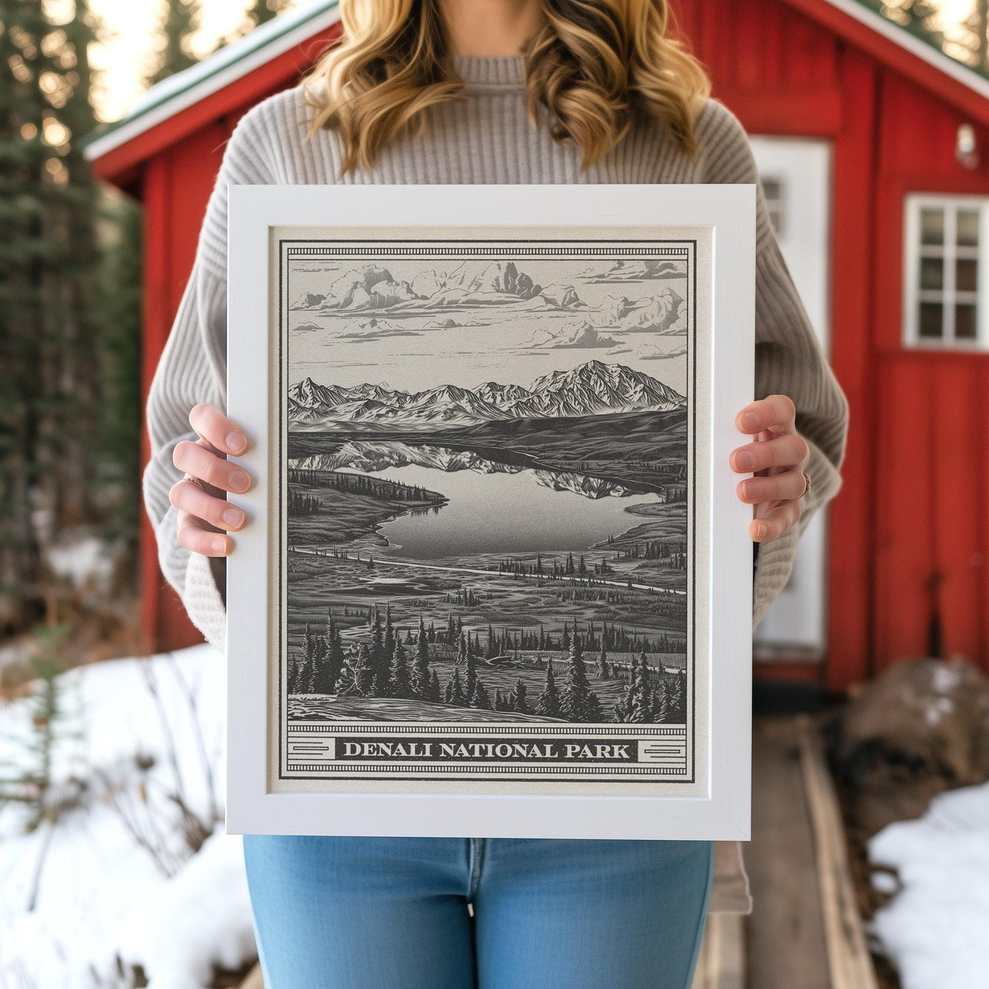 Denali National Park Lithograph Style Print - Vintage Alaska archival matte fine art print. Mount McKinley gift. Athabascan Wildlife Poster
