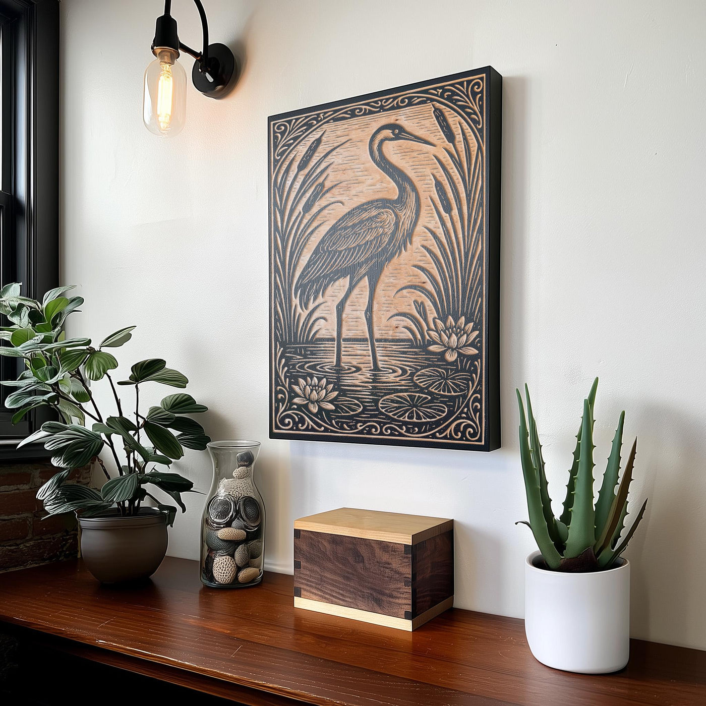 Crane In the Lily Pond Engraved Birch Illustration