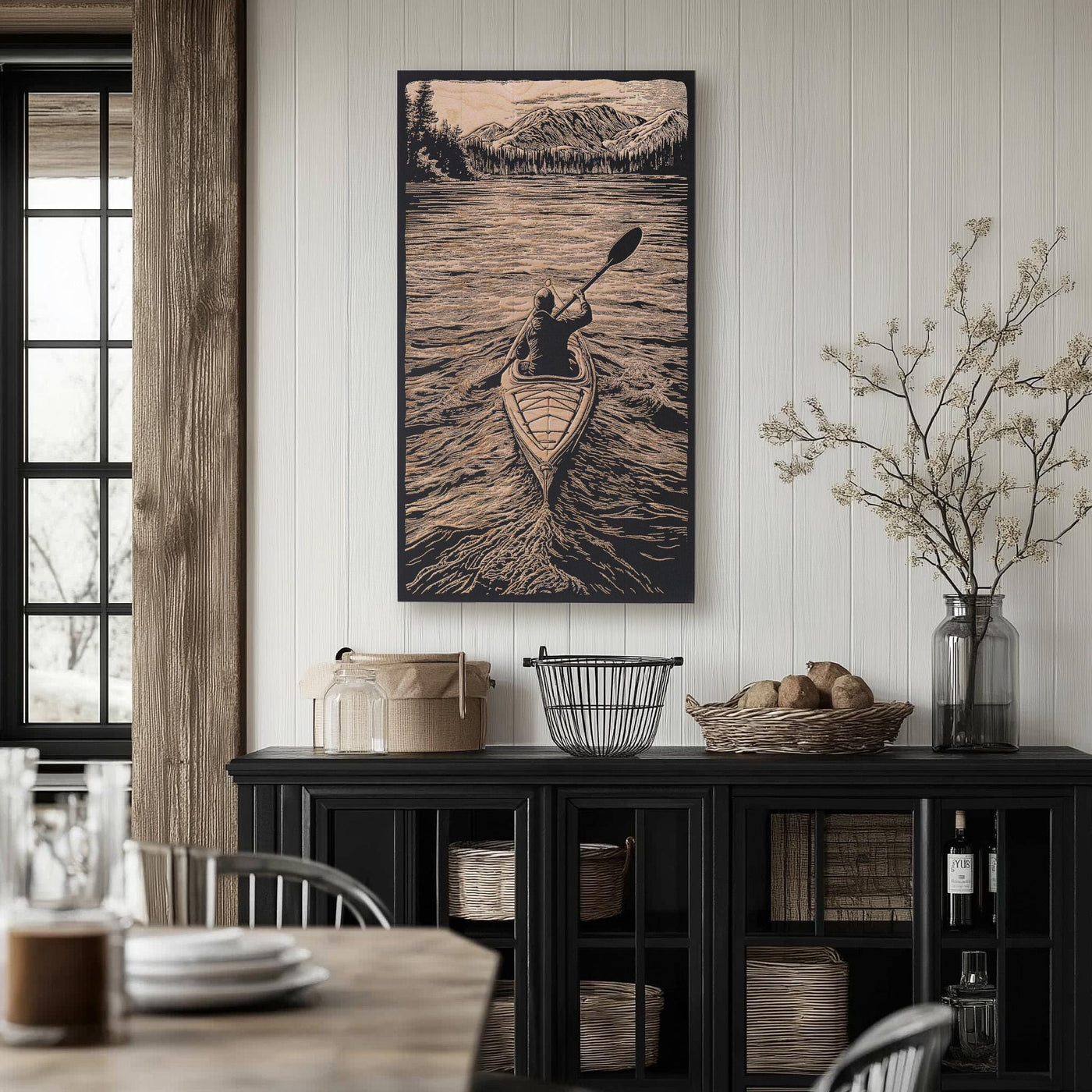 Kayaker Engraved Birch Wood Panel