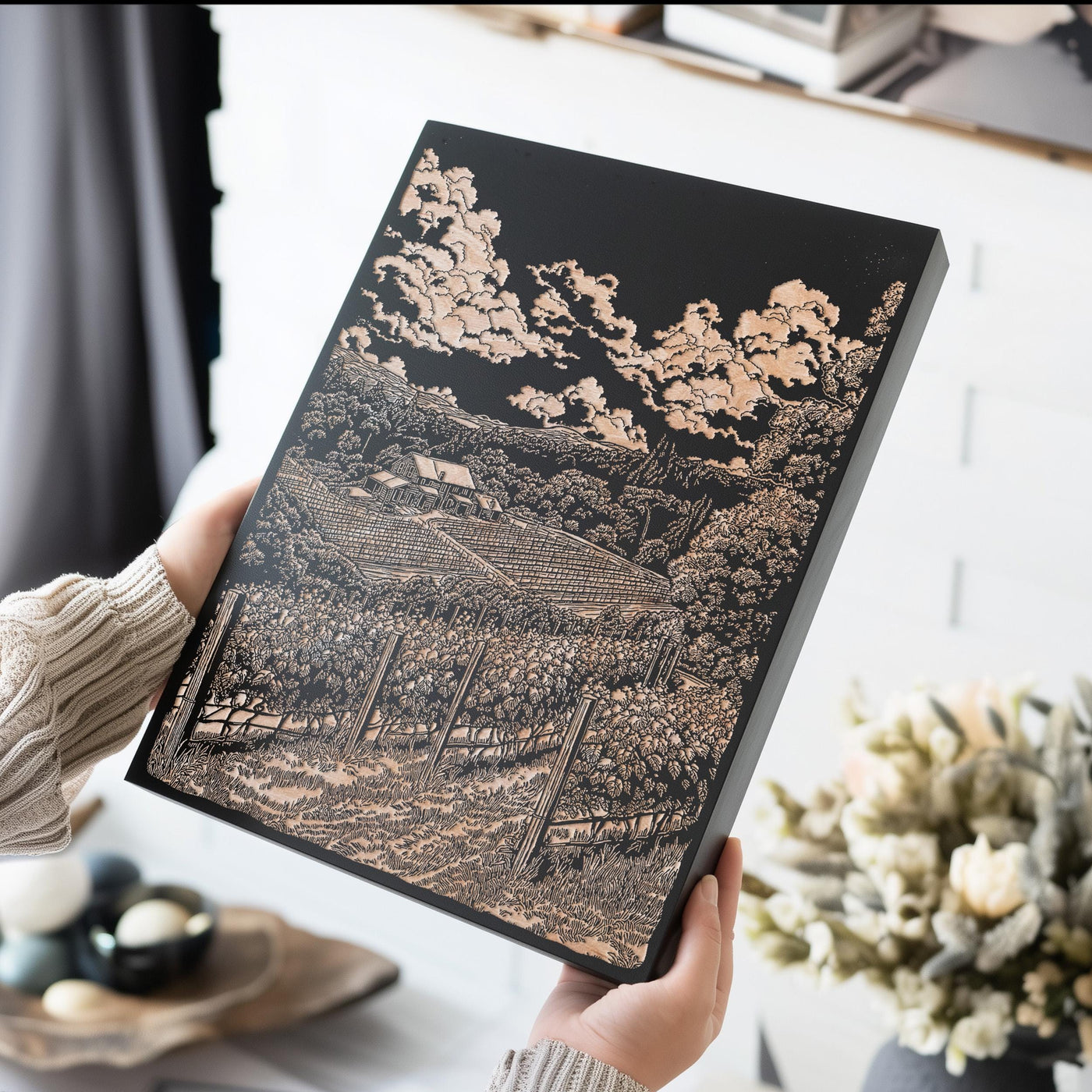 California Wine Country Vineyard Scene Engraved Illustration