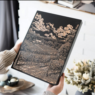 California Wine Country Vineyard Scene Engraved Illustration