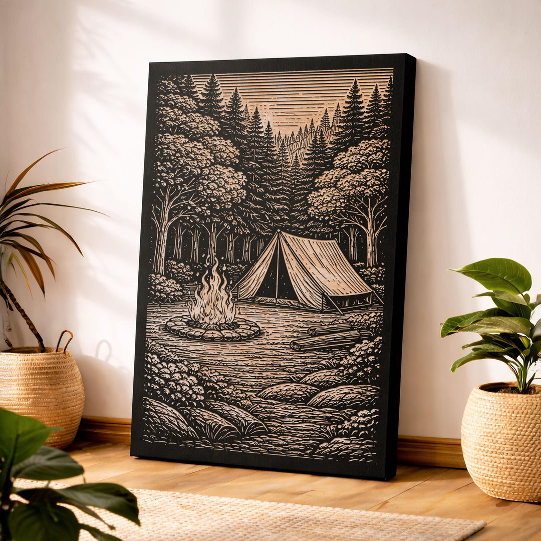 Campfire &amp; Tent in the Woods Engraved Illustration