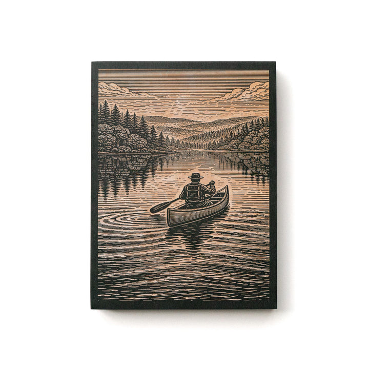 Canoe Paddling Through a Peaceful Forest Engraved Illustration