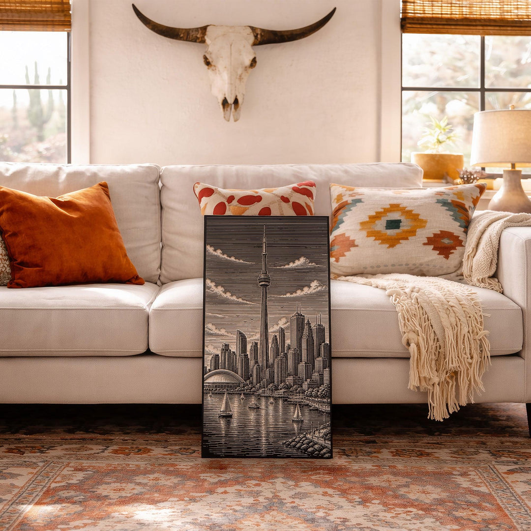 Toronto Skyline and CN Tower Engraved Birch Wood Art Panel