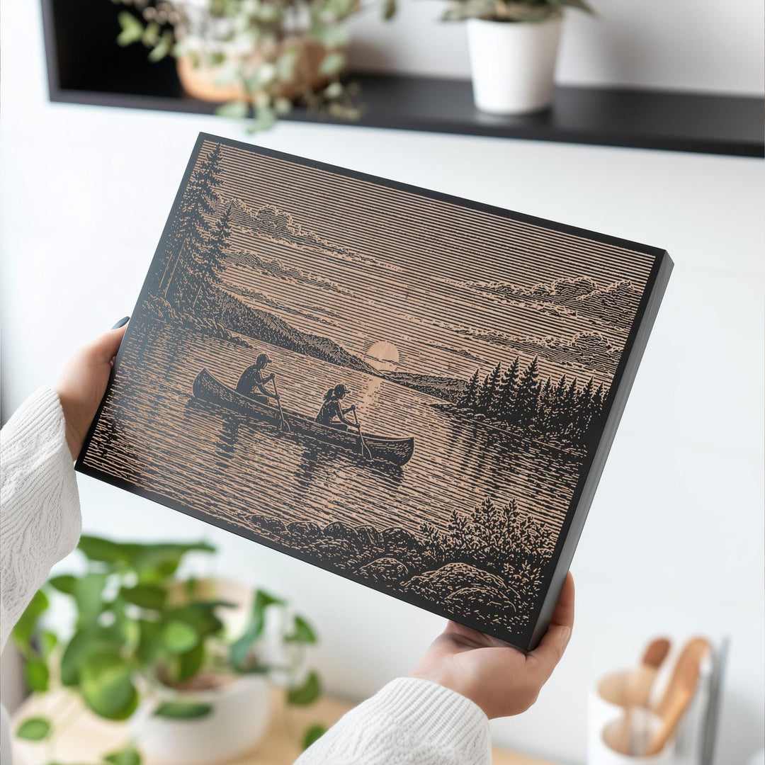 Canoe at Sunset on Calm Lake Engraved Illustration