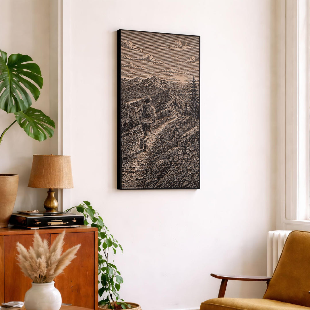 Morning Run in the Mountains Engraved Illustration