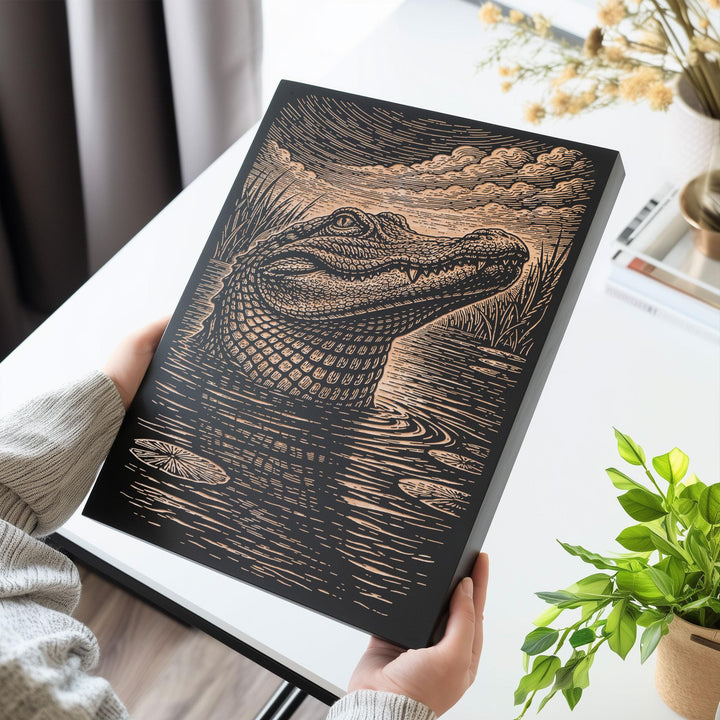 Alligator Rising from Marsh Water Engraved Birch Art Panel