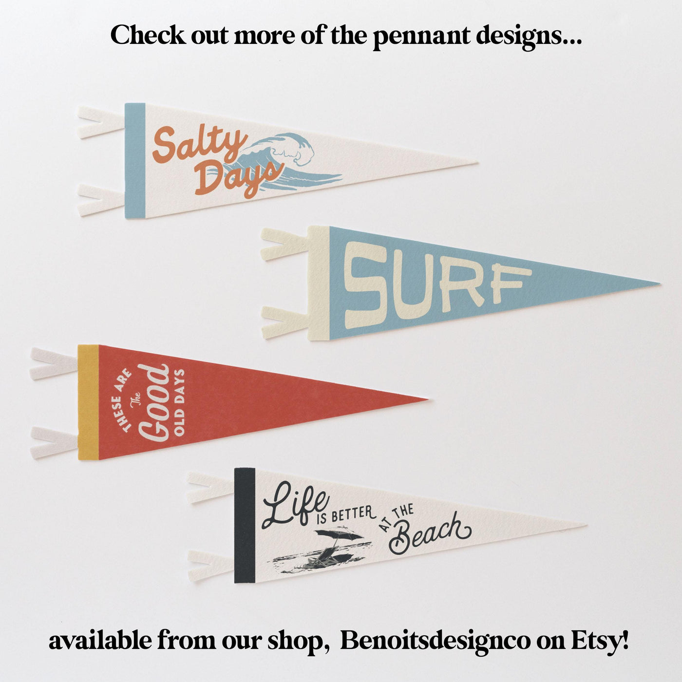 a group of three pennants that say surf