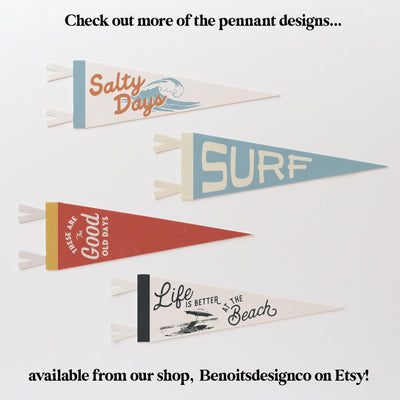 a group of three pennants that say surf