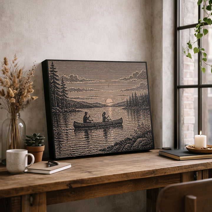 Canoe at Sunset on Calm Lake Engraved Illustration