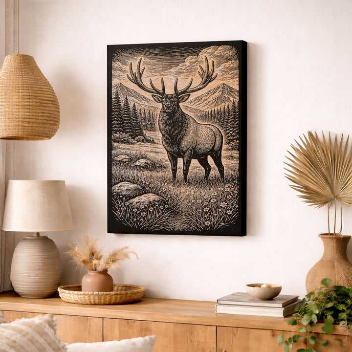 Majestic Elk in Alpine Meadow Engraved Birch Art Panel