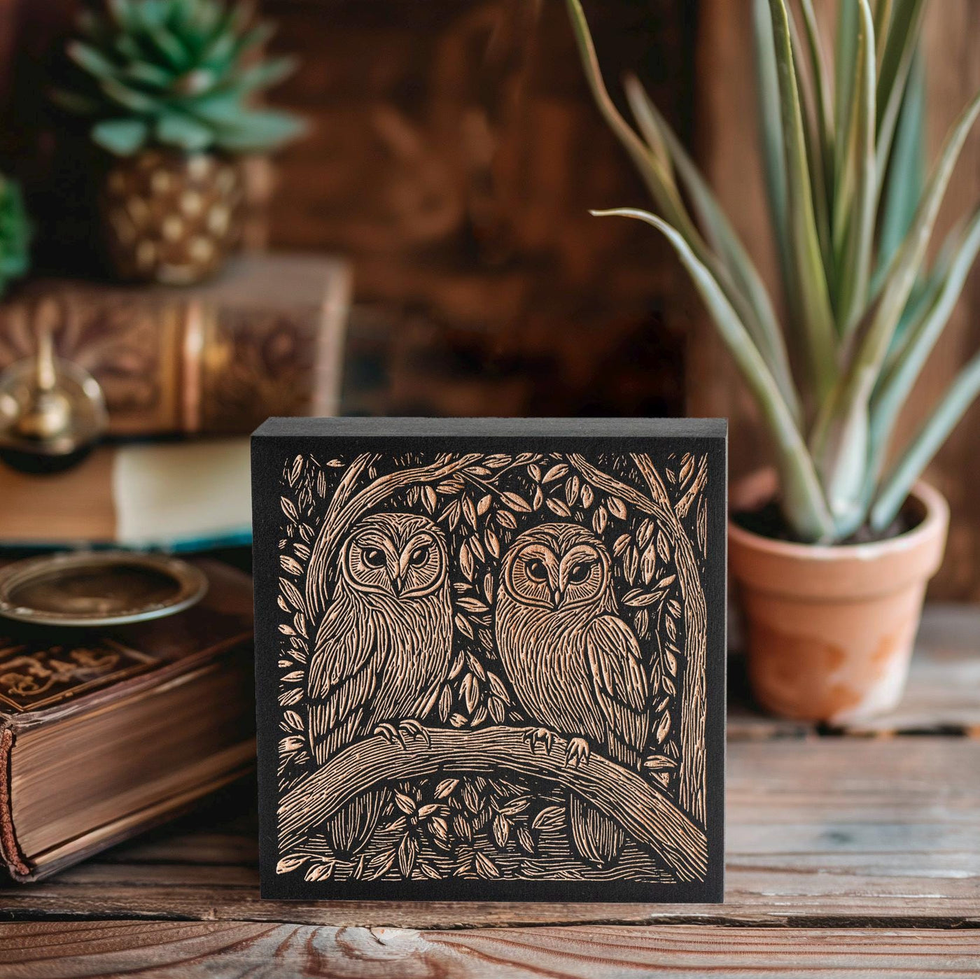 Barn Owl Couple Engraved Birch Wood Panel