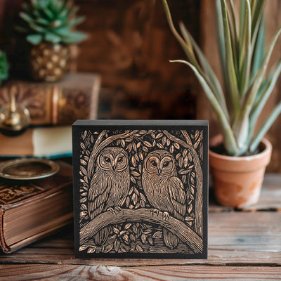 Barn Owl Couple Engraved Birch Wood Panel