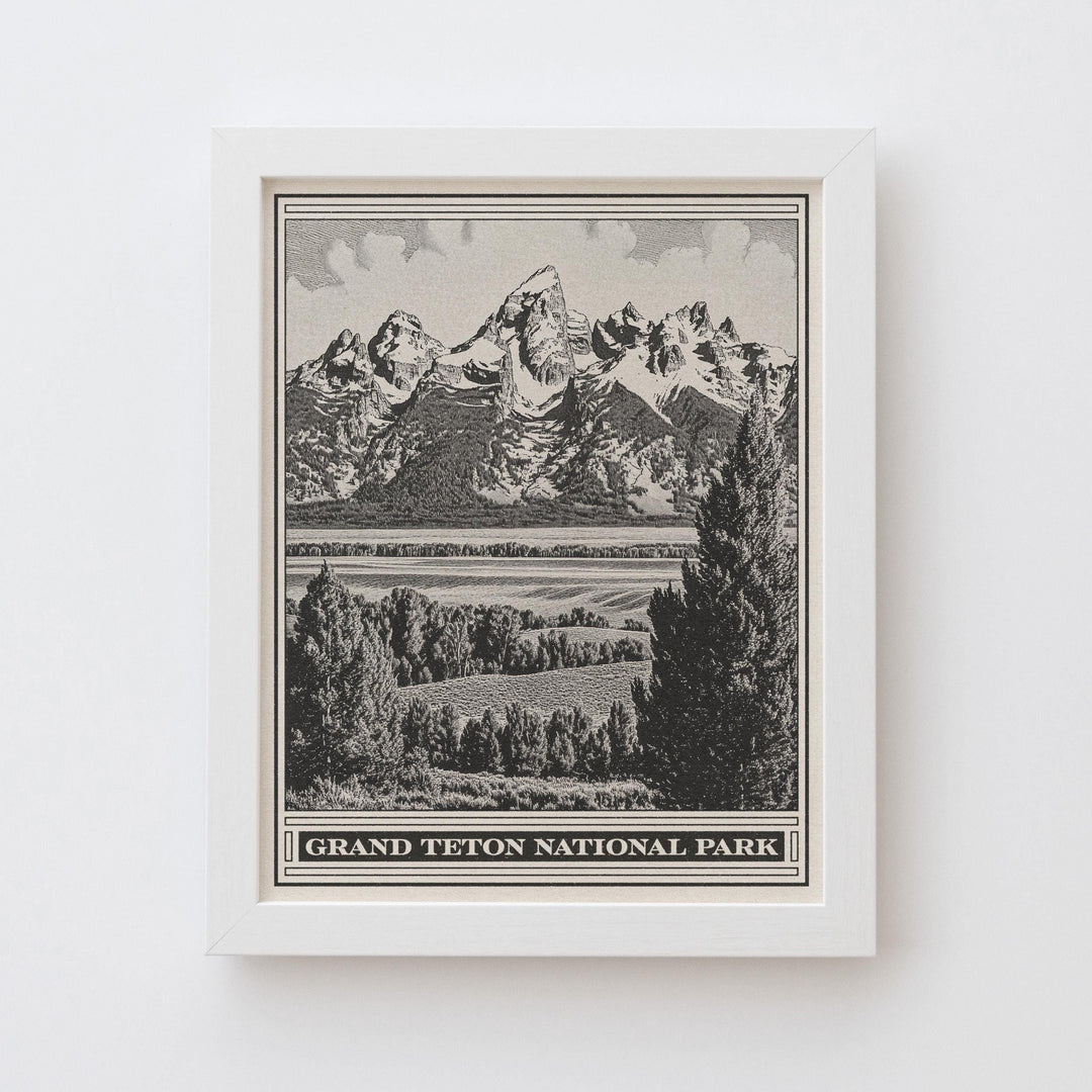 Grand Teton National Park Lithograph Style Print - Vintage Wyoming archival matte fine art print. Jackson Hole western mountain gift.