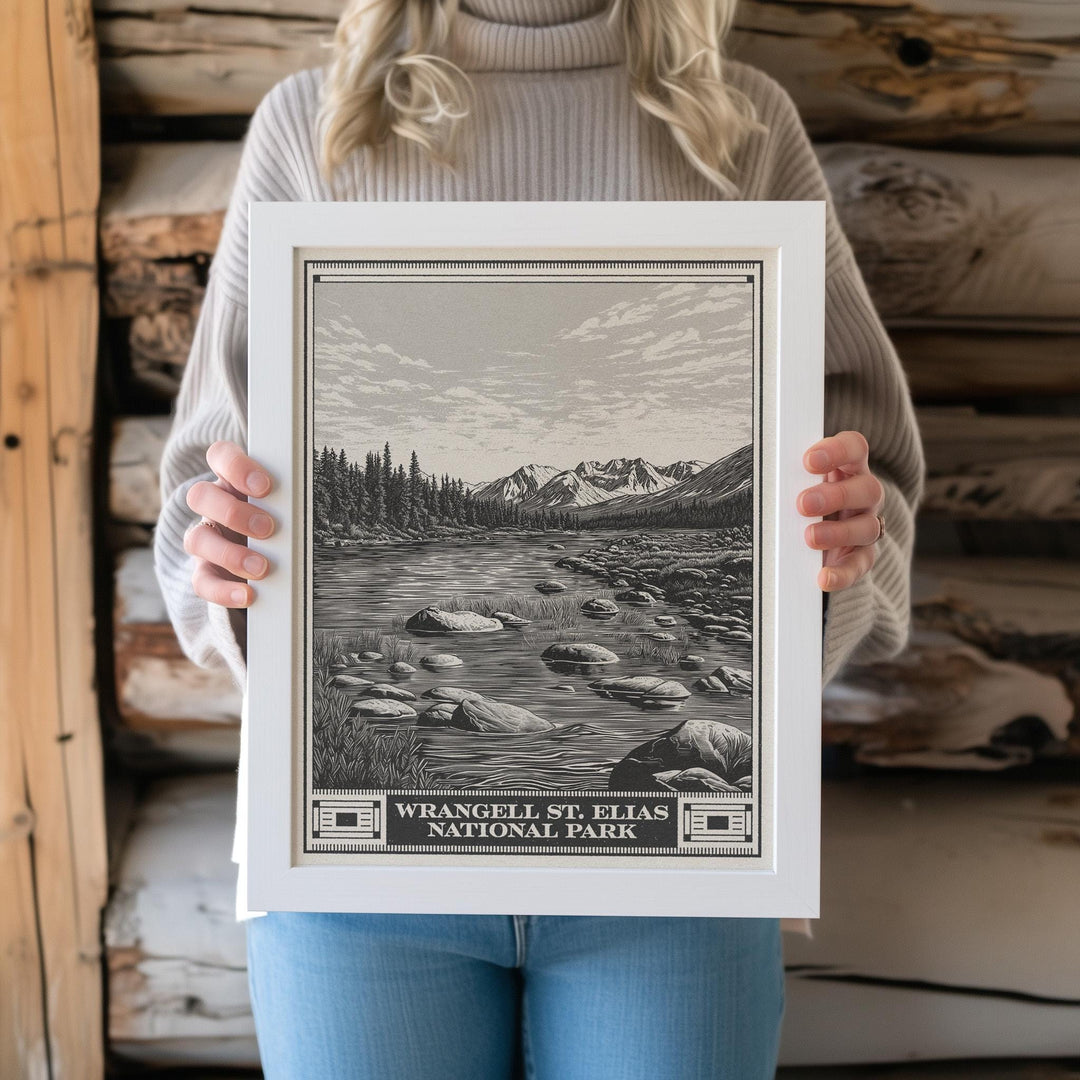 Wrangell St Elias National Park Lithograph Style Print - Vintage Alaska archival matte fine art print gift Alaskan Volcano Glacier Mountains