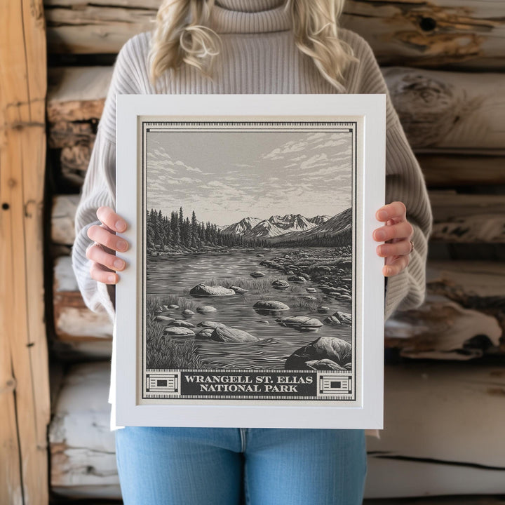 Wrangell St Elias National Park Lithograph Style Print - Vintage Alaska archival matte fine art print gift Alaskan Volcano Glacier Mountains