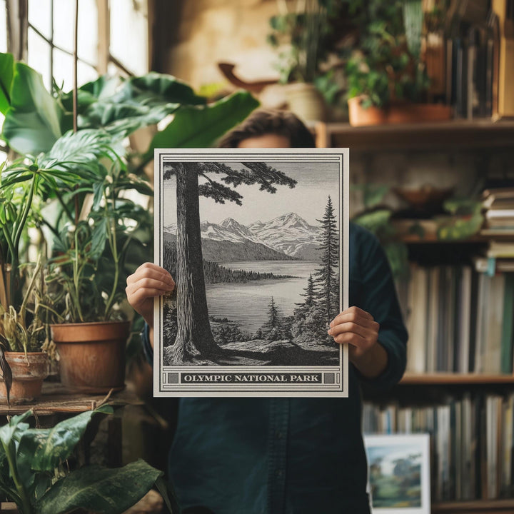 Olympic National Park Lithograph Style Print - Vintage Lake Crescent Washington archival matte fine art print. Wilderness gift for hikers.