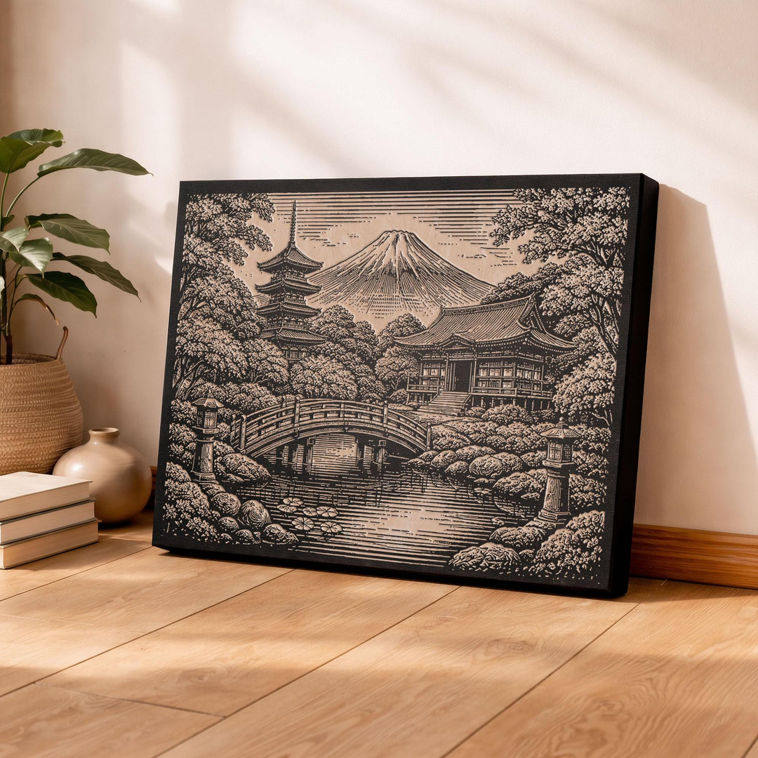Mount Fuji Japanese Temple Engraved Birch Art Panel