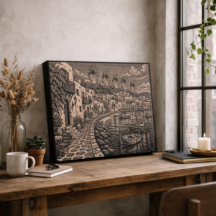 Mykonos Harbor Engraved Birch Art Panel