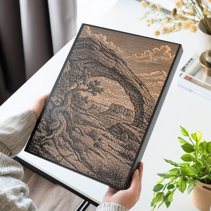 Red Rock Arch and Juniper Engraved Birch Art Panel