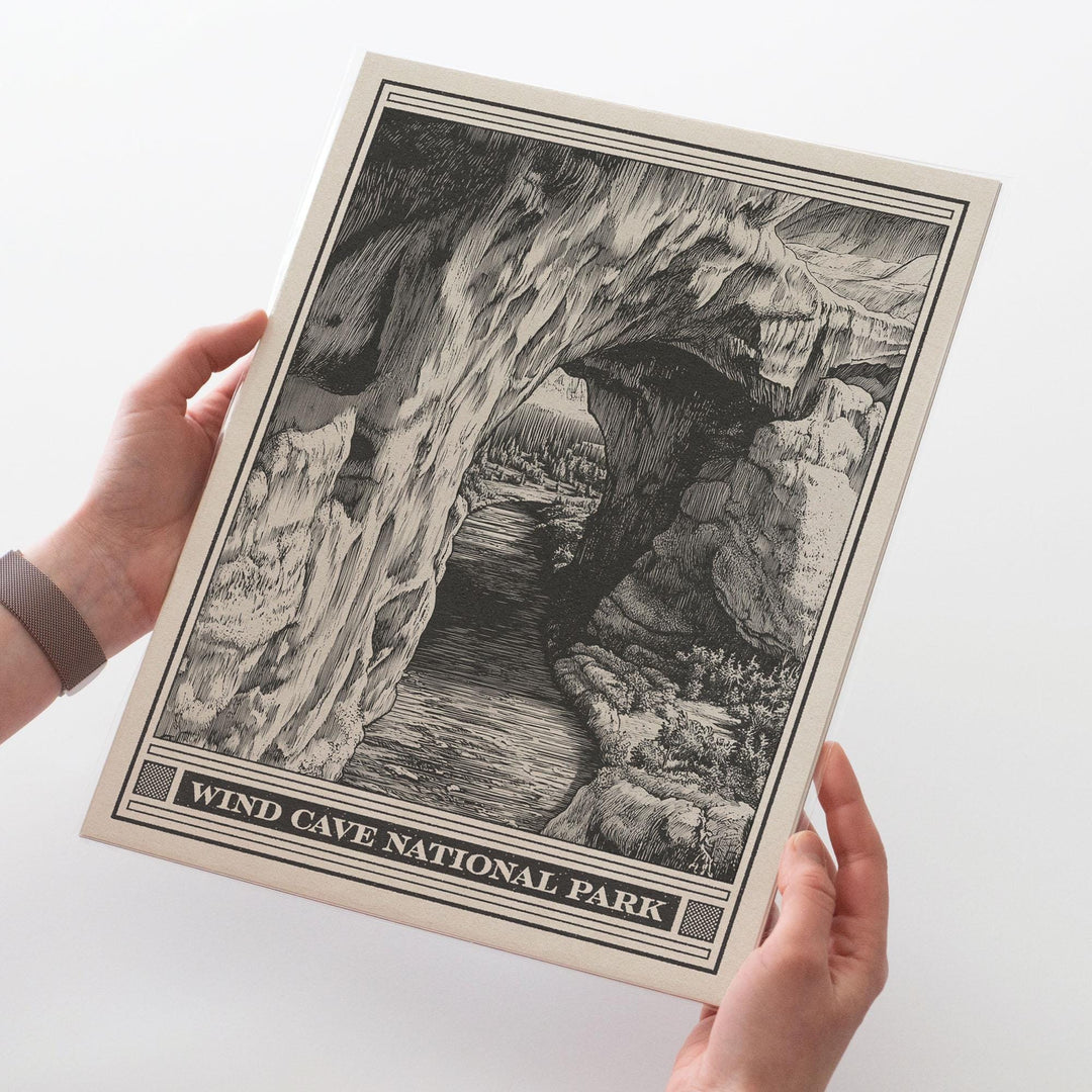 Wind Cave National Park Lithograph Style Print - Vintage South Dakota archival matte fine art print. Cave Post Office &amp; Elk Room Travel Gift
