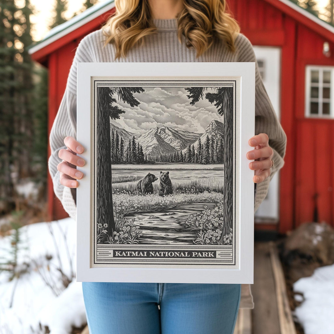 Katmai National Park Lithograph Style Print - Vintage Alaska archival matte fine art print. Valley of Ten Thousand Smokes. Brown Bears Gift