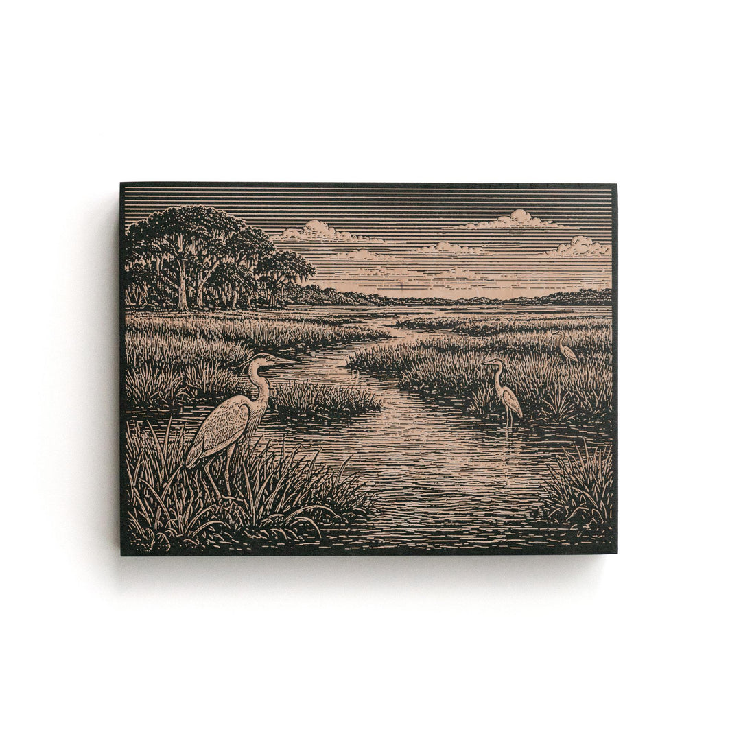 Lowcountry Marsh with Egrets Engraved Birch Art Panel