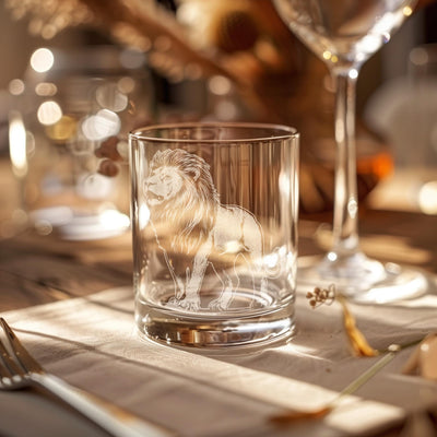 Lion Glasses | Personalized Safari Whiskey, Wine & Beer Etched Glassware Gift, African Wildlife Themed Drinkware, Memorable Trip Gift.