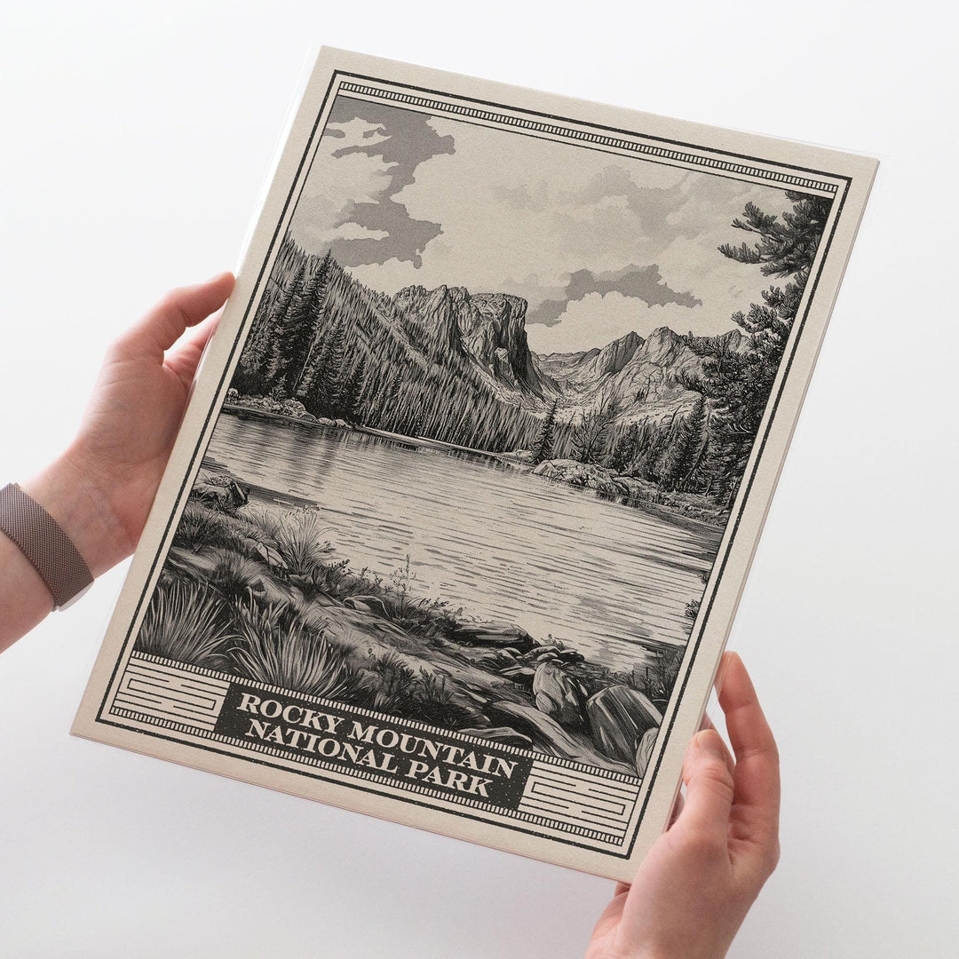 Rocky Mountain National Park Emerald Lake Lithograph Style Print - Vintage Colorado poster design, archival matte fine art print Nature gift