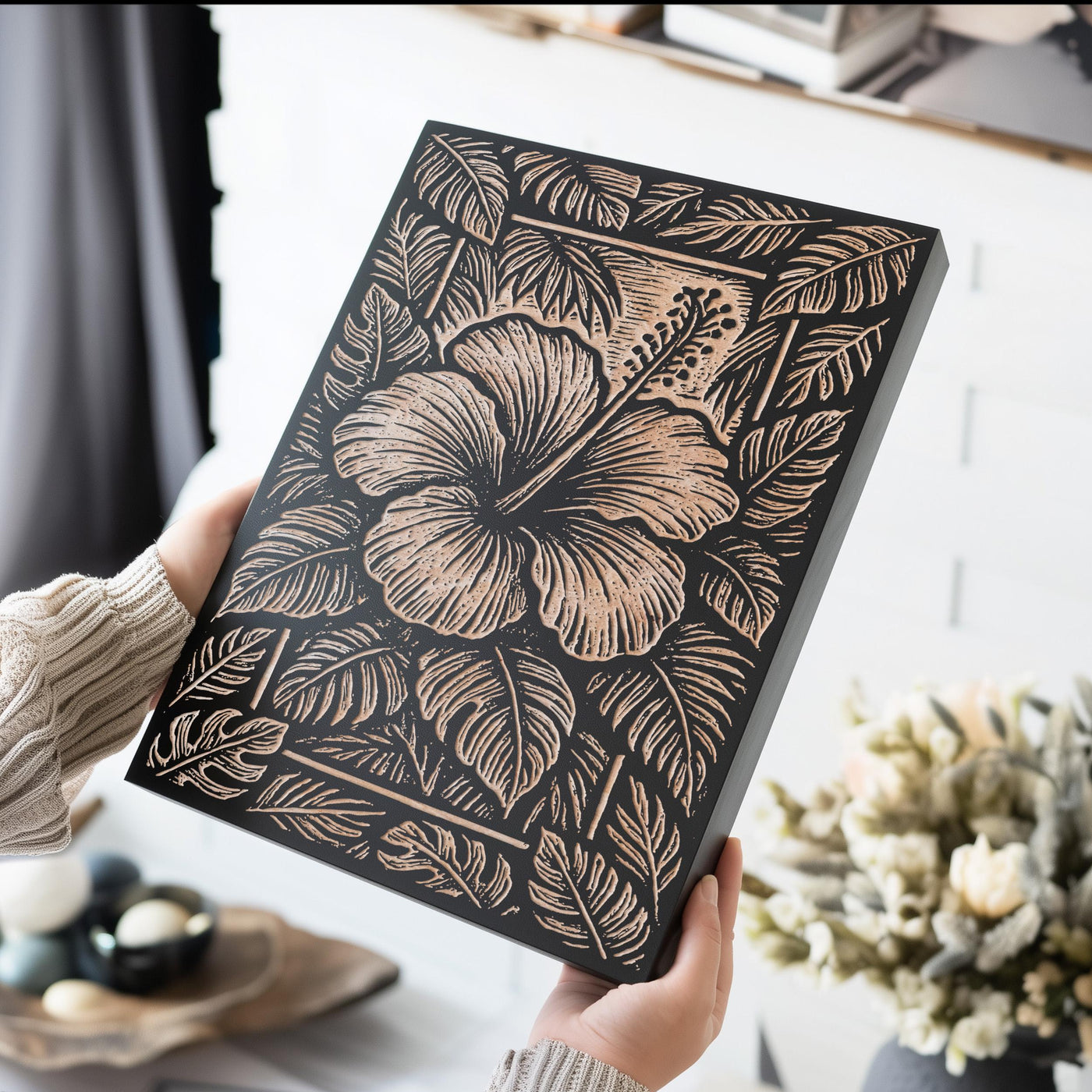 Hibiscus Flower Engraved Birch Illustration