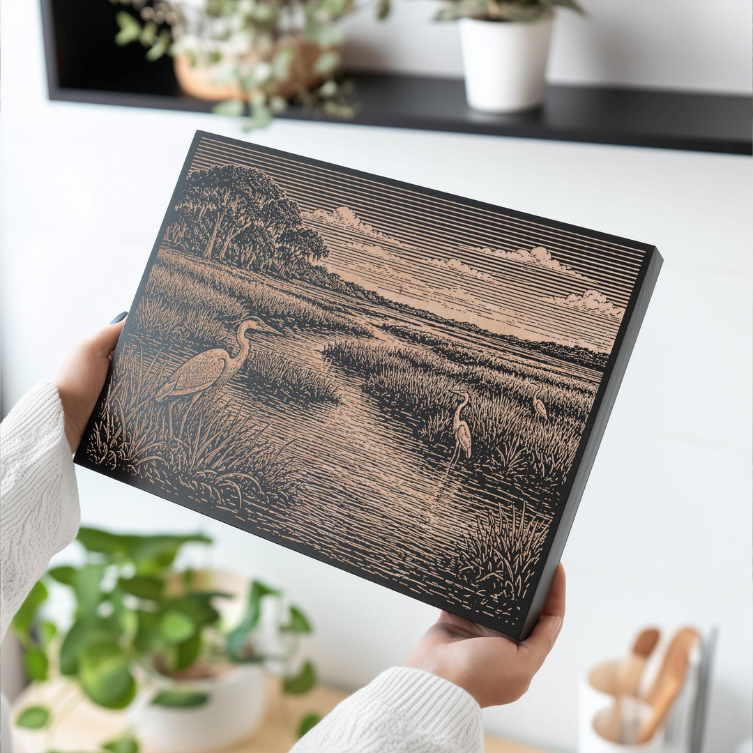 Lowcountry Marsh with Egrets Engraved Birch Art Panel
