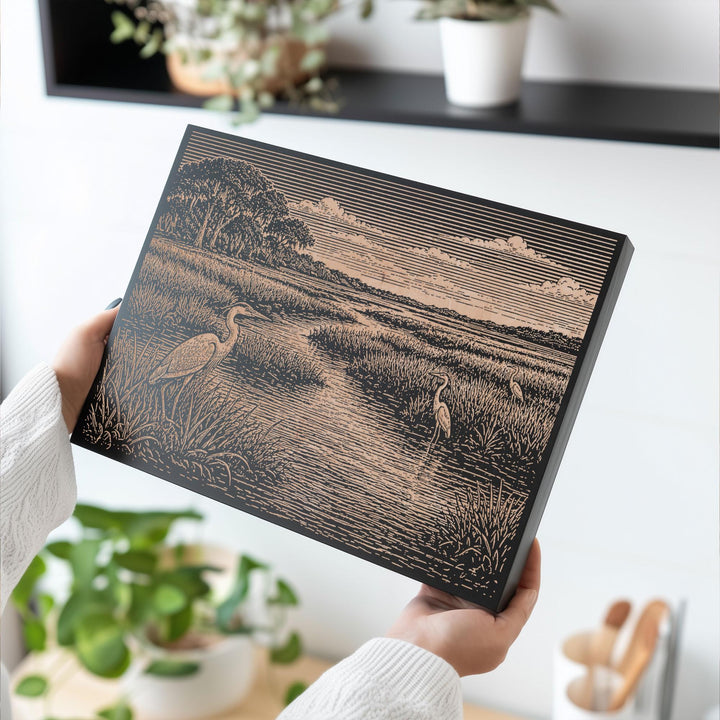 Lowcountry Marsh with Egrets Engraved Birch Art Panel