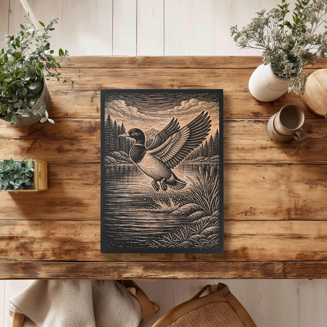Mallard Drake Taking Flight Engraved Birch Art Panel