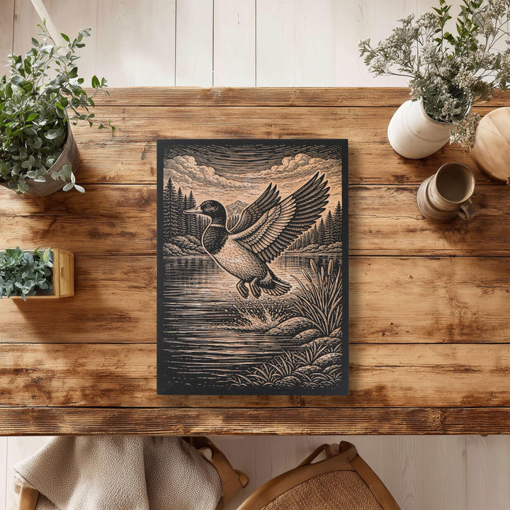 Mallard Drake Taking Flight Engraved Birch Art Panel