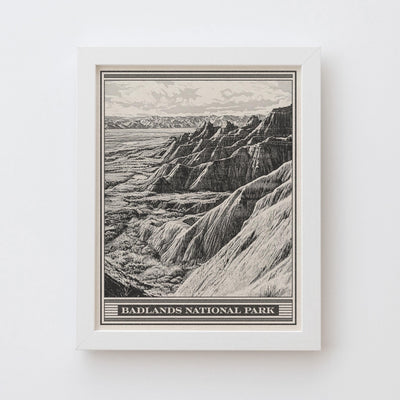 Badlands National Park Lithograph Style Print - Vintage South Dakota archival matte fine art print. Castle Trail Art. Western Desert Gift
