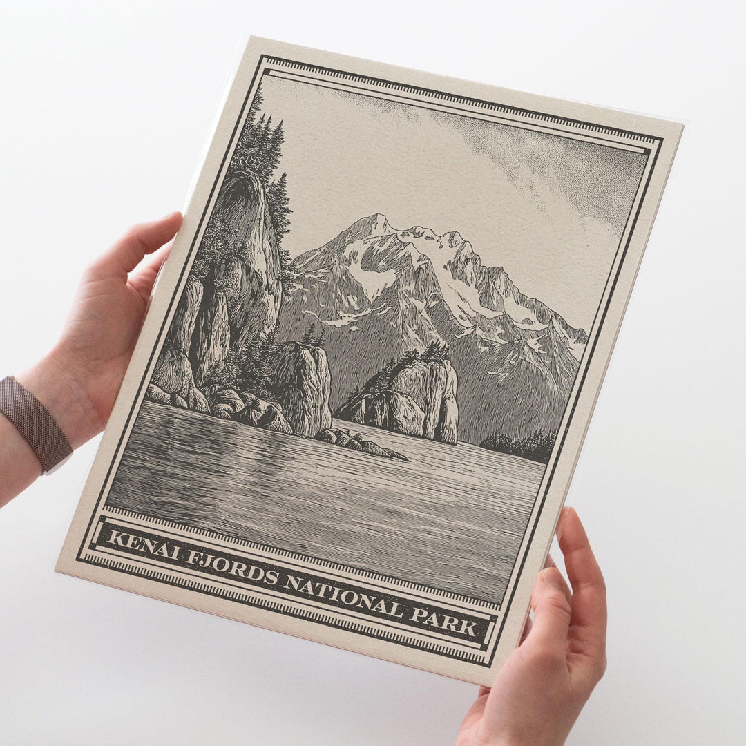 Kenai Fjords National Park Lithograph Style Print - Vintage Alaska archival matte fine art print. Harding Icefield Kenai Peninsula Gift