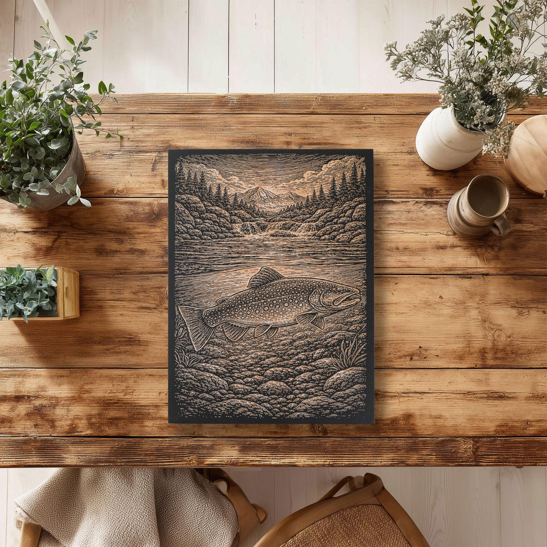 Mountain Stream Brook Trout Engraved Birch Art Panel