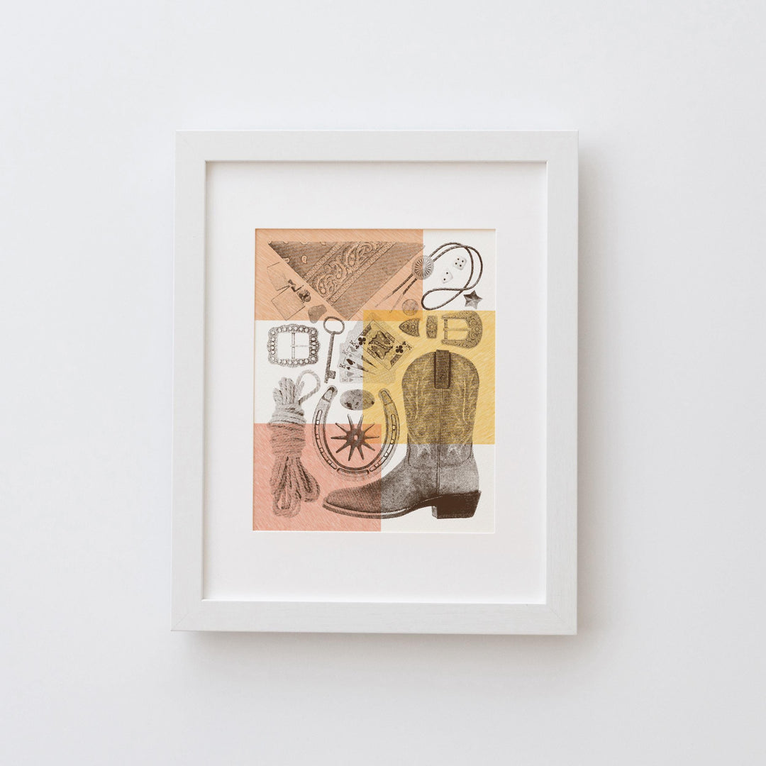 Western Flatlay Wall Art Print - Vintage poster design, archival quality matte fine art print. Risograph print, Western Cowboy gift.