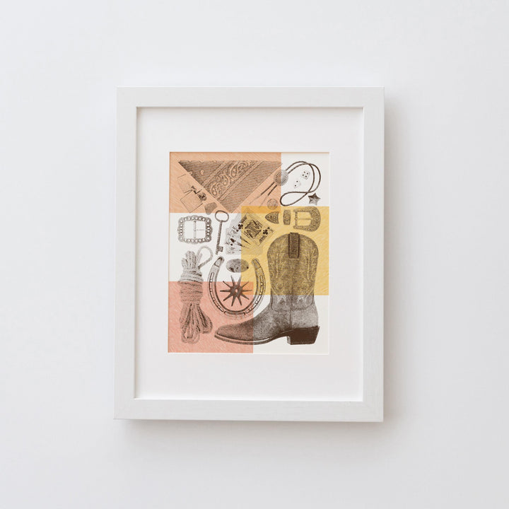 Western Flatlay Wall Art Print - Vintage poster design, archival quality matte fine art print. Risograph print, Western Cowboy gift.