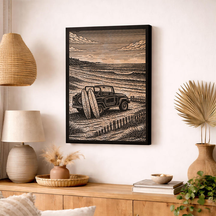 Surf SUV On the Beach Engraved Illustration
