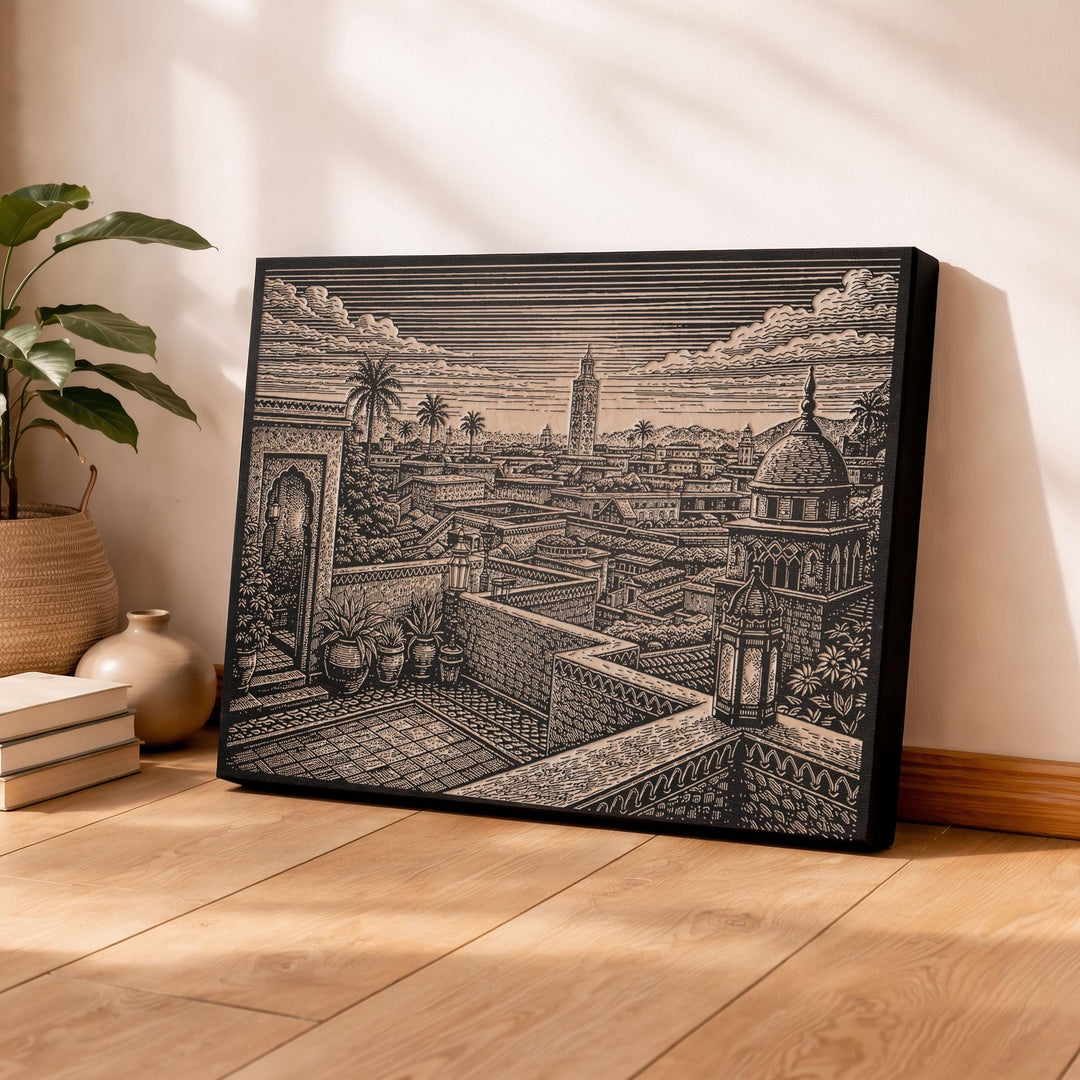 Marrakech Rooftop Courtyard Engraved Birch Art Panel