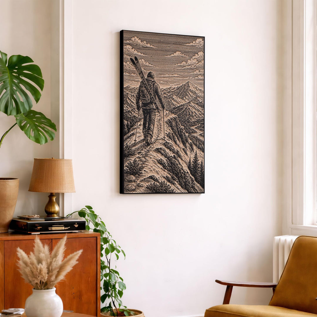 Skier Hiking Ridgeline with Skis Engraved Illustration