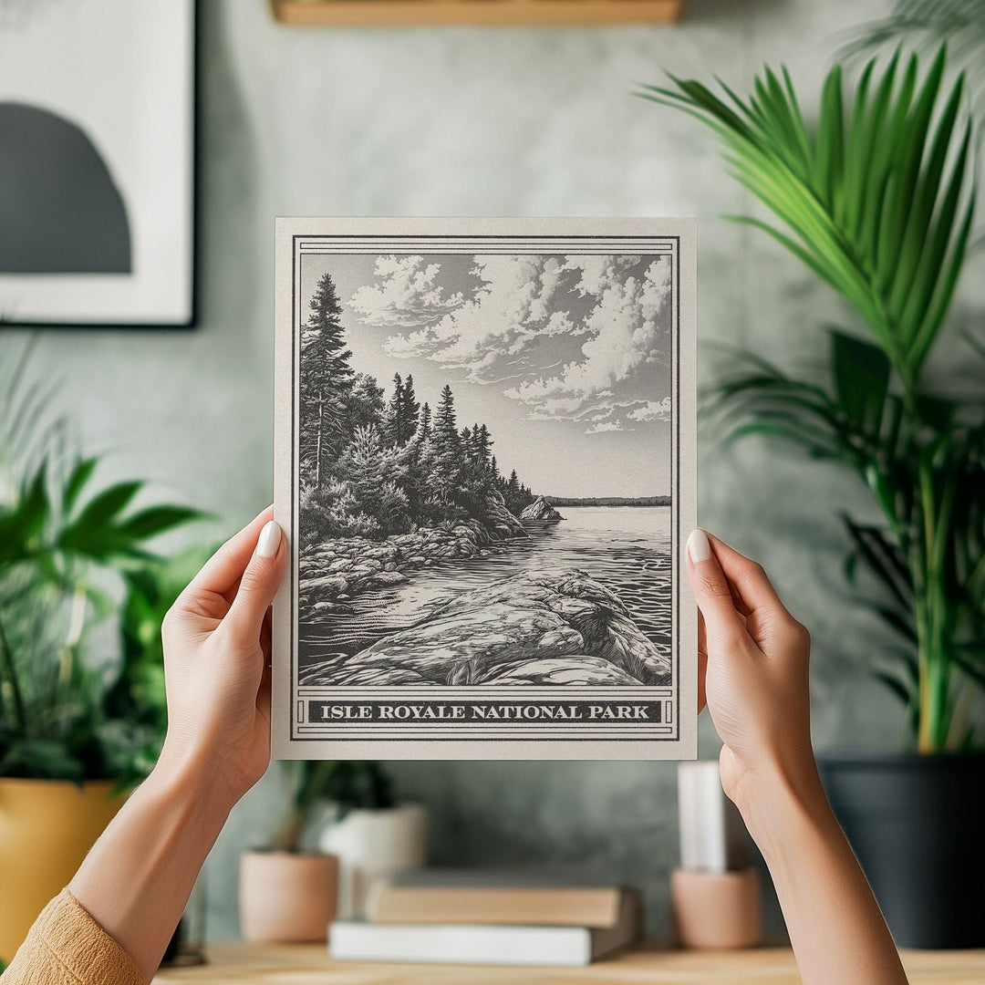 Isle Royale National Park Lithograph Style Print - Vintage Michigan archival matte fine art print Gift. Lake Michigan Greenstone Ridge Trail