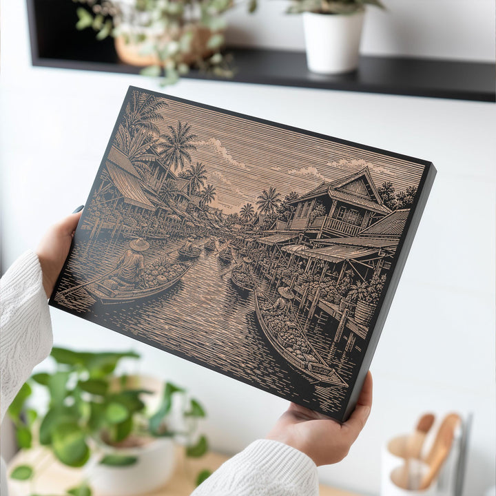 Bangkok Floating Market Engraved Birch Art Panel